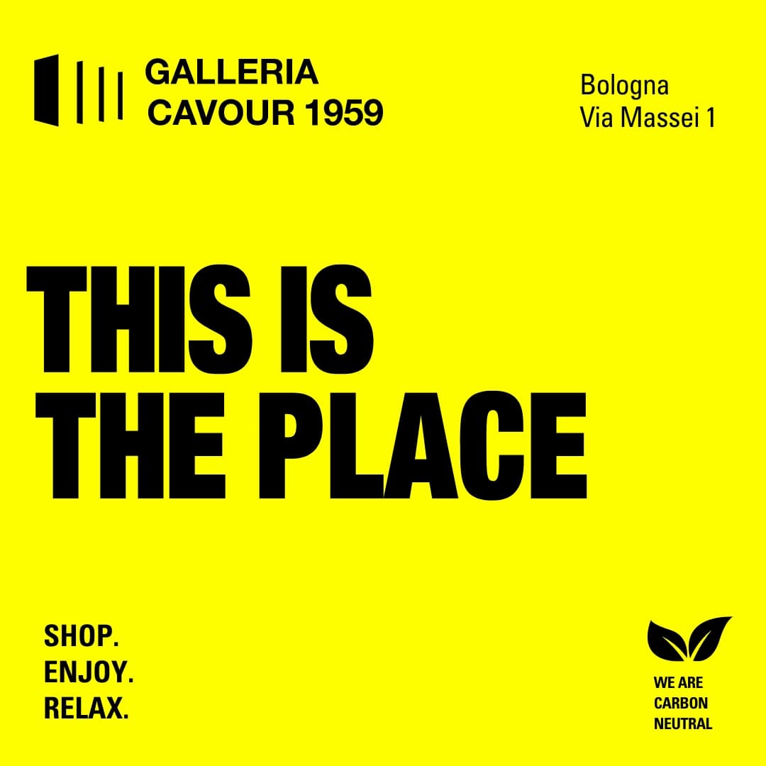 Manifesto giallo e nero This is the Place per Galleria Cavour 1959